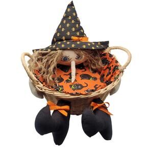 Vintage Halloween Witch Candy Holder Basket Trick or Treat Bowl Black Cat Cute